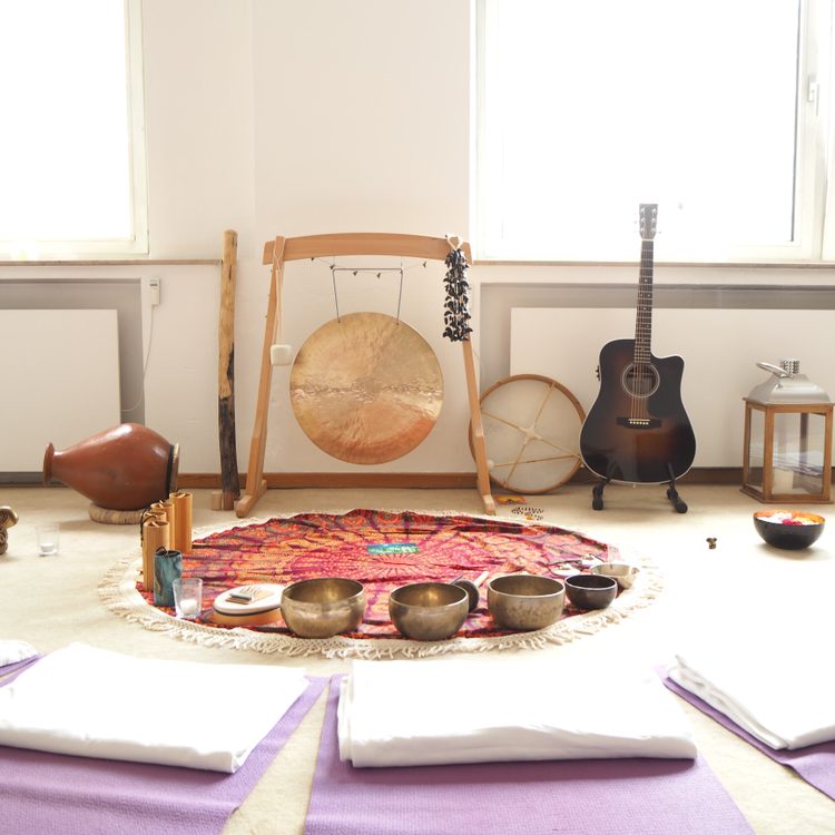 Sound,Therapy,Set,Up,With,Different,Sound,Instruments,And,Yoga