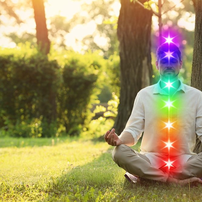 Woman,Meditating,In,Lotus,Pose,On,Green,Grass,Next,To